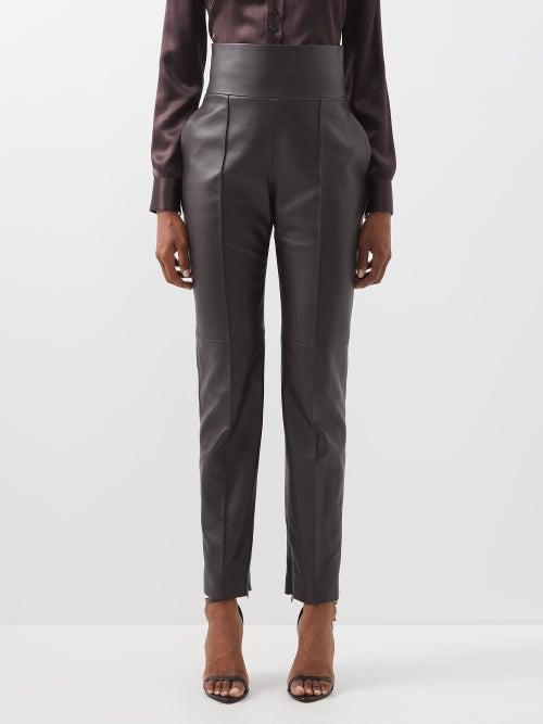 Alexandre Vauthier - High-rise Tapered Leather Trousers - Womens - Dark Brown