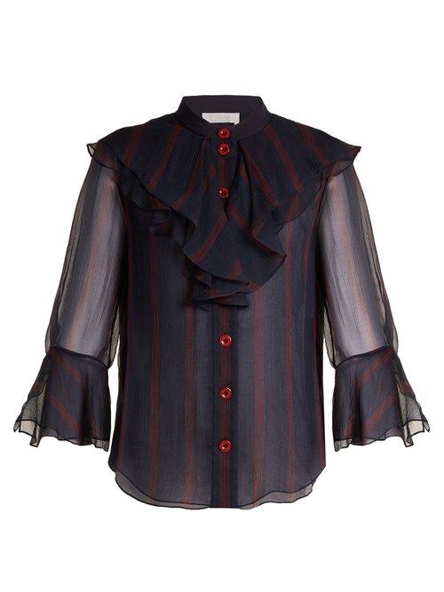 Matchesfashion.com Chlo - Striped Ruffle Trimmed Silk Chiffon Blouse - Womens - Blue Stripe