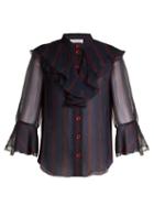 Matchesfashion.com Chlo - Striped Ruffle Trimmed Silk Chiffon Blouse - Womens - Blue Stripe