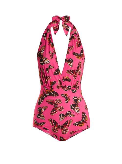 Matchesfashion.com Dolce & Gabbana - Butterfly Print Halterneck Swimsuit - Womens - Pink Multi