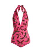Matchesfashion.com Dolce & Gabbana - Butterfly Print Halterneck Swimsuit - Womens - Pink Multi
