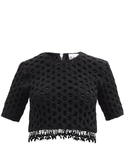 Ganni - Beaded Smocked Cropped Satin T-shirt - Womens - Black