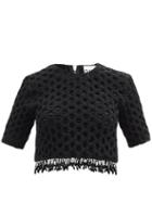 Ganni - Beaded Smocked Cropped Satin T-shirt - Womens - Black