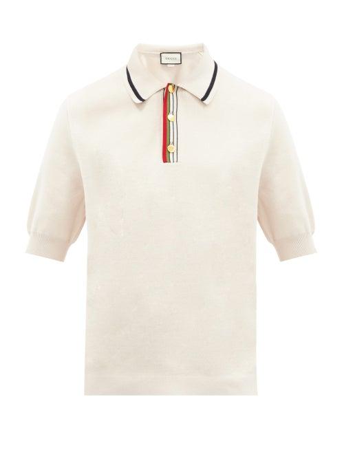 Matchesfashion.com Gucci - Web-striped Placket Knitted-cotton Polo Shirt - Mens - White