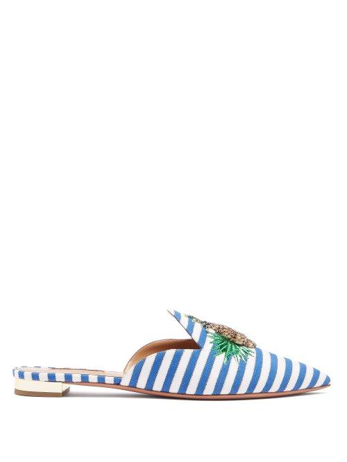 Matchesfashion.com Aquazzura - Pineapple Crystal Embellished Striped Mules - Womens - Blue White