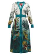 Matchesfashion.com F.r.s - For Restless Sleepers - Clizio Bird-print Belted Silk Dress - Womens - Blue Multi