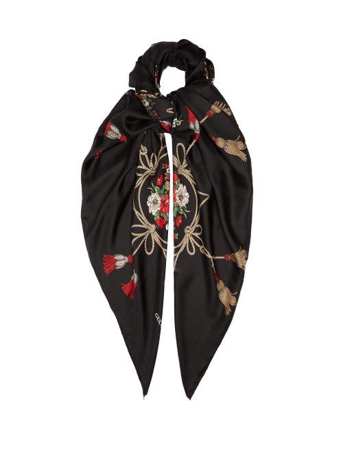 Matchesfashion.com Gucci - Floral And Tassel Print Silk Faille Shawl - Womens - Black