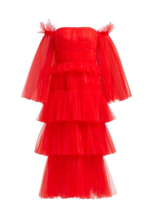 Matchesfashion.com Carolina Herrera - Off The Shoulder Tiered Tulle Midi Dress - Womens - Red