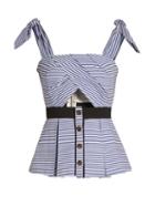 Matchesfashion.com Self-portrait - Tie Shoulder Striped Cotton Top - Womens - Blue