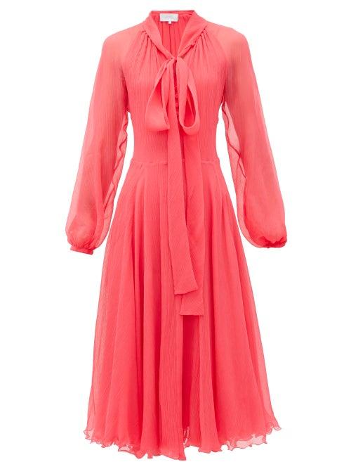 Matchesfashion.com Luisa Beccaria - Pussy-bow Silk Pliss-chiffon Midi Dress - Womens - Pink