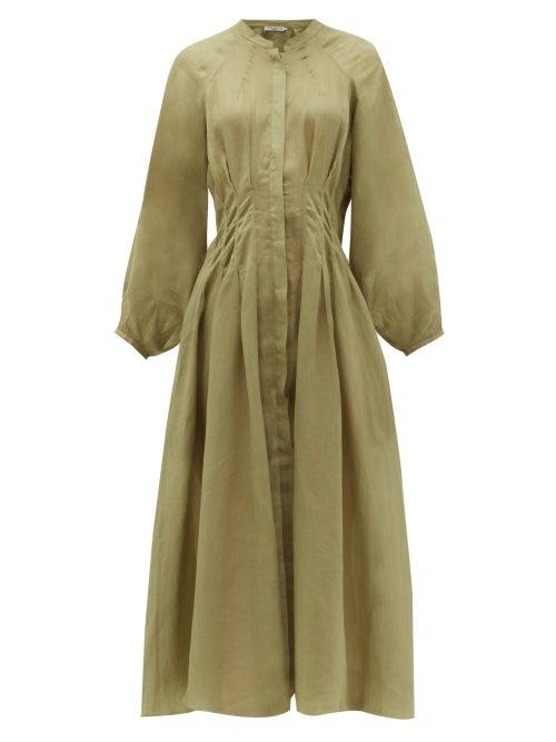 Matchesfashion.com Three Graces London - Valeraine Pintucked Ramie Midi Dress - Womens - Khaki