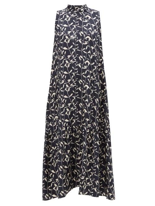 Asceno - Oslo Foliage-print Silk-twill Trapeze Dress - Womens - Black Multi