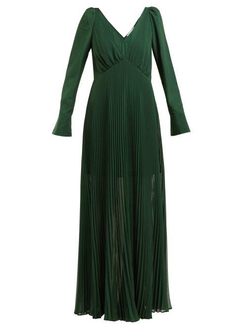 Matchesfashion.com Self-portrait - Gathered Pleated Chiffon Maxi Dress - Womens - Dark Green