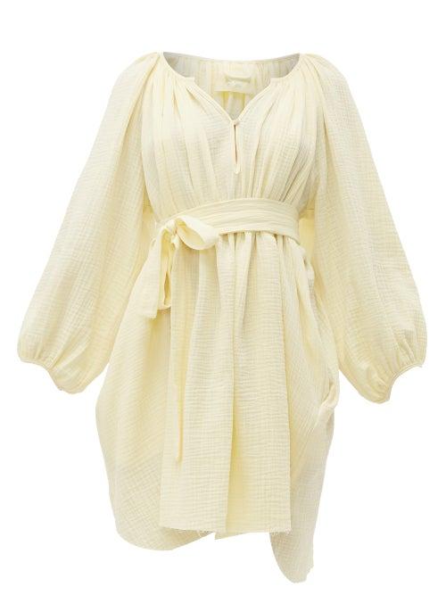 Matchesfashion.com Loup Charmant - Peasant Tunic Crinkle Cotton Mini Dress - Womens - Yellow