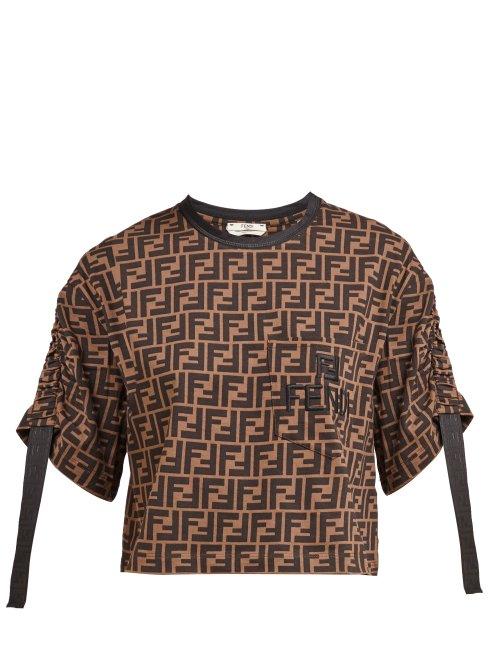 Matchesfashion.com Fendi - Ff Print Ruched Sleeve Cotton T Shirt - Womens - Brown Multi