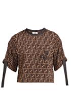 Matchesfashion.com Fendi - Ff Print Ruched Sleeve Cotton T Shirt - Womens - Brown Multi