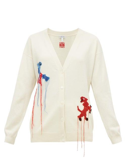 Matchesfashion.com Loewe - Crochet Animals V-neck Wool Cardigan - Womens - Cream
