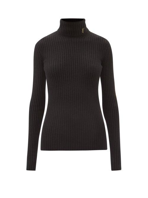 Saint Laurent - Ysl-logo Ribbed Wool-blend Roll-neck Sweater - Womens - Black