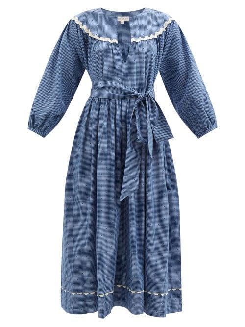 Wiggy Kit - Belted V-neck Cotton-gingham Midi Dress - Womens - Navy