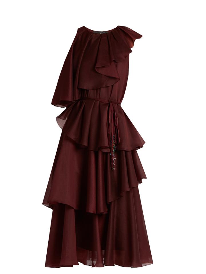 Anna October Asymmetric Ruffled Crepe De Chine Dress