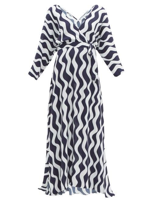 Matchesfashion.com Odyssee - Jules Wave Print Crepe Wrap Dress - Womens - Navy