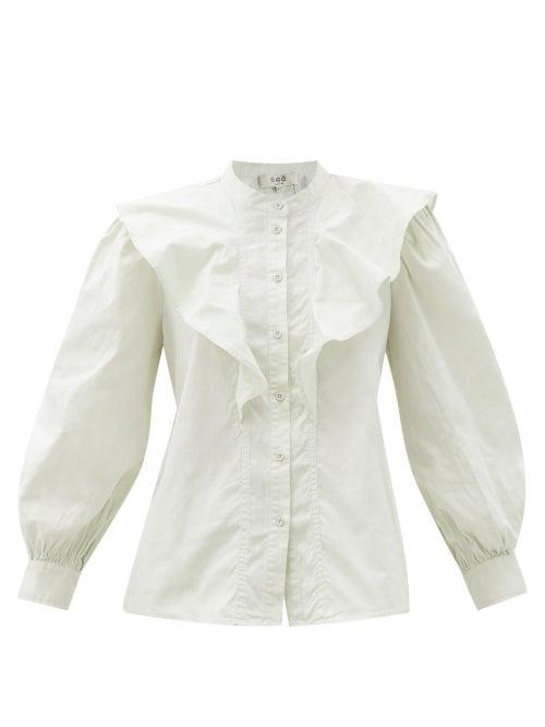 Matchesfashion.com Sea - Hildur Ruffled Acid-wash Cotton Blouse - Womens - Light Blue