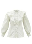 Matchesfashion.com Sea - Hildur Ruffled Acid-wash Cotton Blouse - Womens - Light Blue