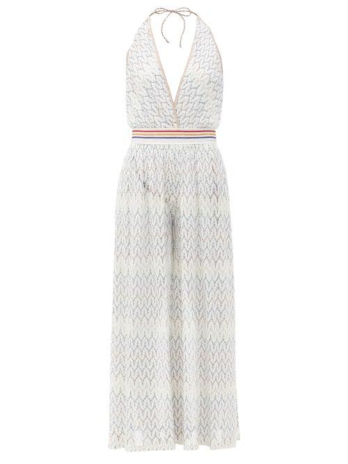 Matchesfashion.com Missoni Mare - Chevron-stripe Plunge-neck Halterneck Dress - Womens - White Multi