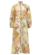 Matchesfashion.com Zimmermann - Brightside Patchwork-print Linen Midi Dress - Womens - Yellow Multi