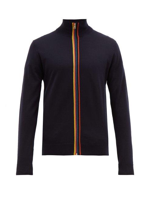 Matchesfashion.com Paul Smith - Artist Stripe Zip Through Merino Sweater - Mens - Navy
