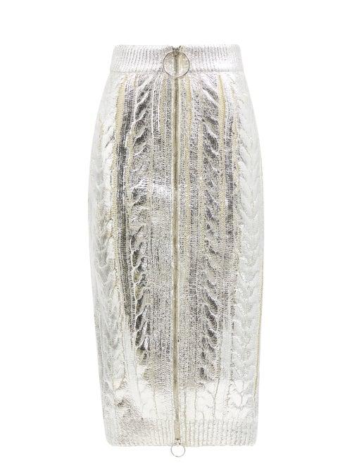 Balmain - Laminated Cable-knit Wool-blend Pencil Skirt - Womens - Silver