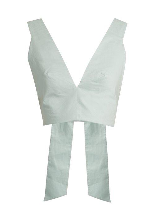 Matchesfashion.com Kalita - Bow Tie Cotton Poplin Cropped Top - Womens - Light Blue
