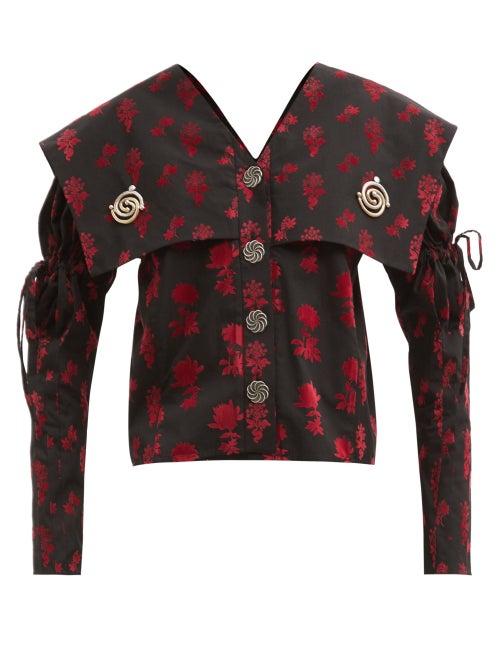 Matchesfashion.com Chopova Lowena - Flocked Floral-print Organic Cotton-poplin Blouse - Womens - Black Red