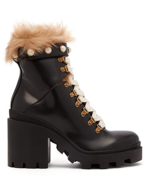 Matchesfashion.com Gucci - Shearling Trimmed Leather Ankle Boots - Womens - Black
