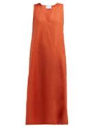 Matchesfashion.com Asceno - V Neck Linen Midi Dress - Womens - Red