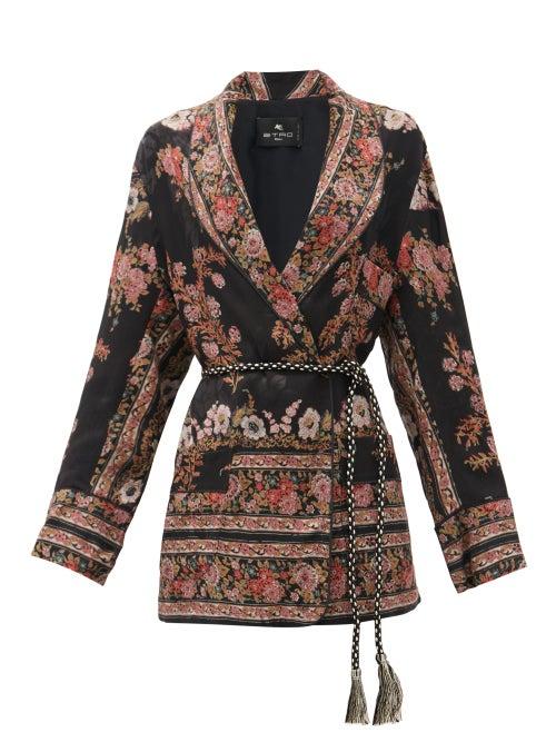 Matchesfashion.com Etro - Fleuve Belted Floral-jacquard Satin Jacket - Womens - Black Multi