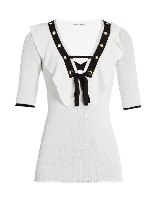 Matchesfashion.com Sonia Rykiel - Ruffle Trimmed V Neck Top - Womens - White Multi