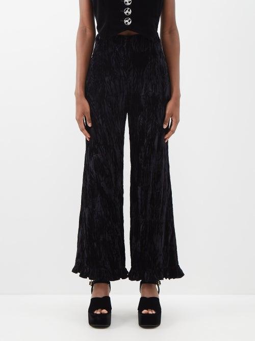 Batsheva - Ruffled Crushed-velvet Trousers - Womens - Black