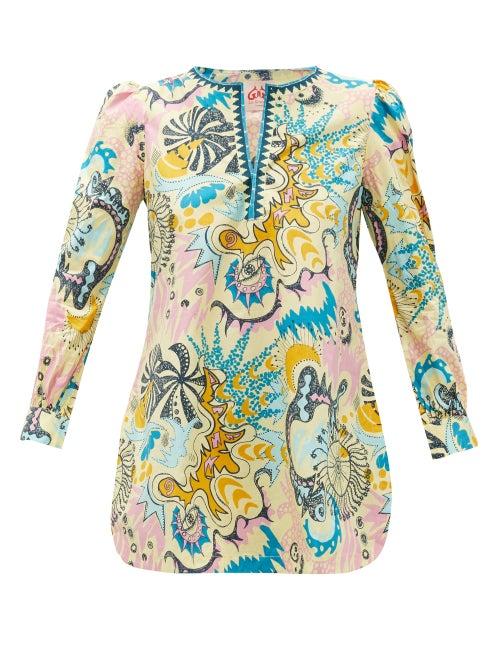 Matchesfashion.com Le Sirenuse, Positano - Kate Psycho-print Cotton Tunic Top - Womens - Yellow Multi