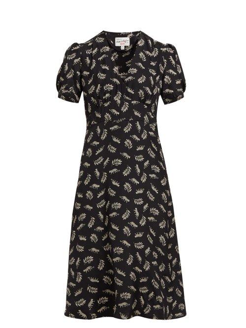 Matchesfashion.com Hvn - Paula Leopard And Leaf Print Silk Dress - Womens - Black