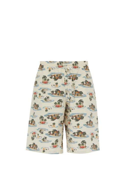 Matchesfashion.com Bottega Veneta - Hawaiian Print Cotton Poplin Shorts - Mens - Beige