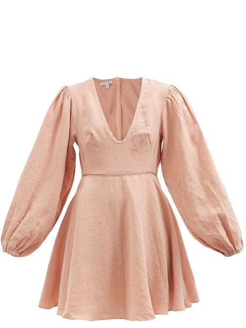 Fil De Vie - Montauk Balloon-sleeve Linen Mini Dress - Womens - Light Pink