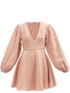 Fil De Vie - Montauk Balloon-sleeve Linen Mini Dress - Womens - Light Pink