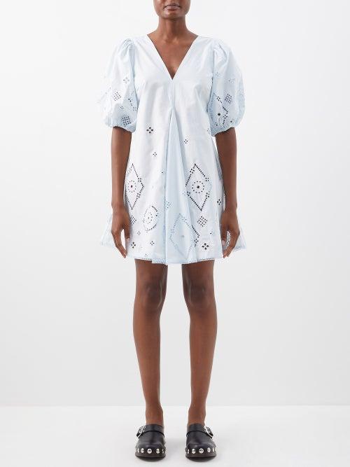 Ganni - Broderie-anglaise Organic-cotton Poplin Mini Dress - Womens - Light Blue