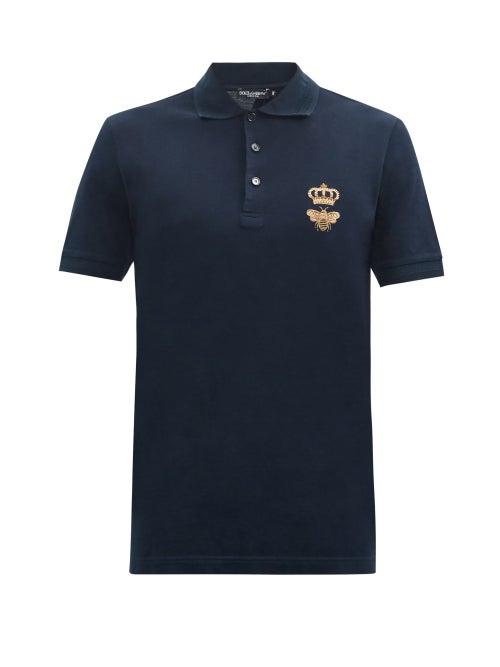 Matchesfashion.com Dolce & Gabbana - Bee-embroidered Cotton-blend Piqu Polo Shirt - Mens - Dark Navy