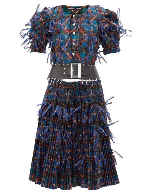 Matchesfashion.com Chopova Lowena - Bow-trim Pleated Upcycled Tartan-organza Dress - Womens - Black Multi
