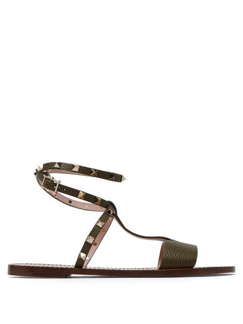 Matchesfashion.com Valentino - Rockstud Ankle Strap Leather Sandals - Womens - Khaki
