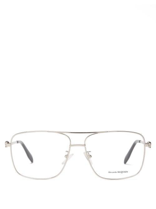 Matchesfashion.com Alexander Mcqueen - Skull-embellished Square Metal Glasses - Mens - Silver