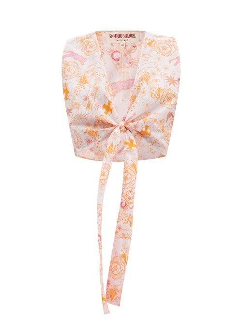 Emporio Sirenuse - Sonia Magic Mushroom Tie-front Cotton-poplin Top - Womens - Orange Print