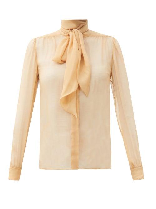 Matchesfashion.com Saint Laurent - Pussy-bow Gathered Silk-georgette Blouse - Womens - Beige